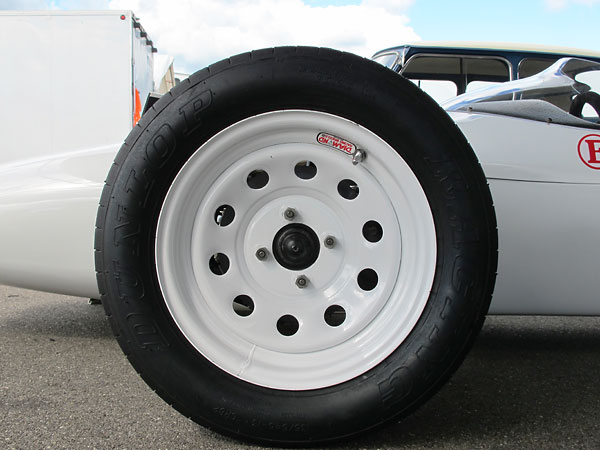 Diamond Racing Wheels Inc. 13x5.5 steel disc wheels (in white powdercoat).