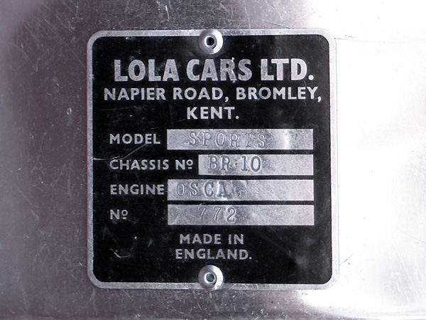 LOLA CARS LTD., Napier Road, Bromley, Kent. Model Sports, Chassis BR10, Engine OSCA, Number 772.