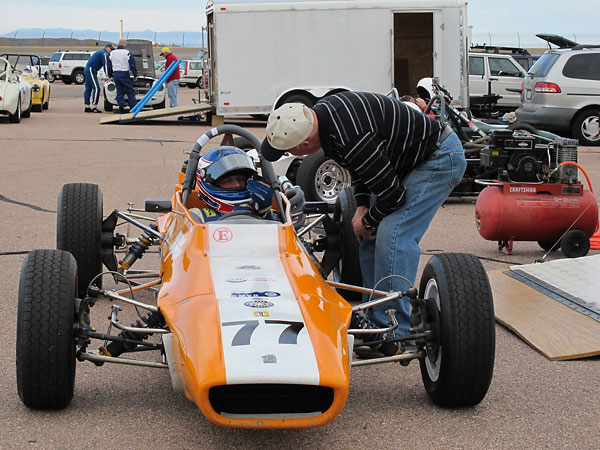 Fellow Rocky Mountain Vintage Racing member John Brosseau wishes Andy good luck.