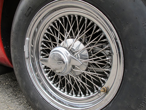 American-made Dayton wheels with extra robust (Jaguar E-type) splines, oversize spokes and nipples, and cross-laced spokes.