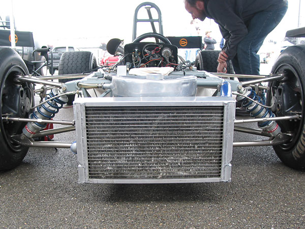 Custom aluminum crossflow radiator with integral oil cooler.