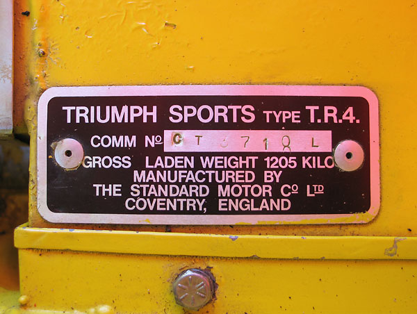 Triumph Sports Type T.R.4. / Comm No. CT3718L / Gross Laden Weight 1205 Kilo.
