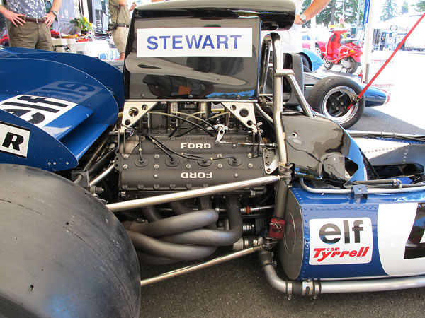 Ford Cosworth DFV V8: 2993cc, 3.373 bore x 2.555 stroke, 11.0:1 static compression.