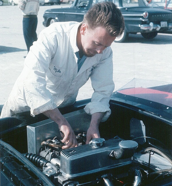 Mike Holden sets up dual Webers DCOE carburetors on the crossflow head (Mosport, 1963)