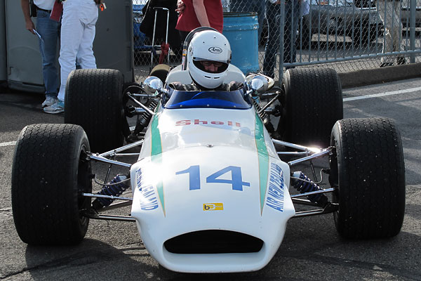 Murray Sinclair's Brabham BT29 racecar wore racing number 14 and Air New Zealand / Shell Oil livery when Graeme Lawrence drove it in the 1971 Australian Grand Prix.