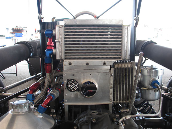 Fluidyne dual pass engine oil cooler, and vintage Stewart Warner transaxle oil cooler.