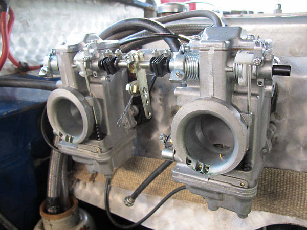 Dual Mikuni HSR 45mm smoothbore/flatslide motorcycle carburetors.