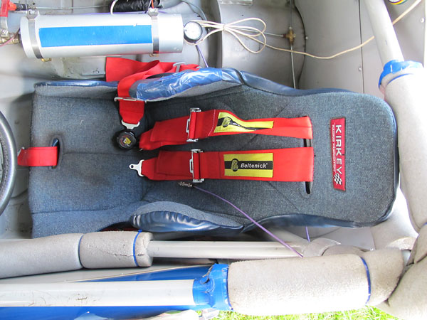 Kirkey aluminum racing seat. Beltenick six point cam-lock safety harness.