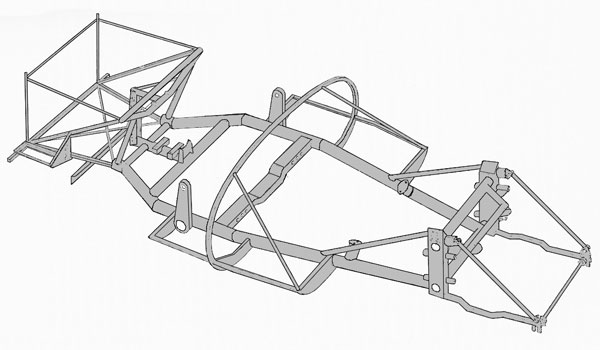 The Lister twin-tube frame's main members are 3 inch diameter, fourteen gauge, seamless drawn, mild steel tubing.