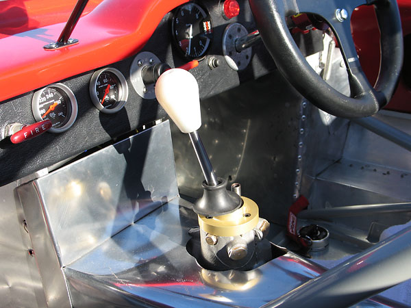 The distinctive shifter of Taylor Race Engineering's (Series 26) Austin Healey Sprite dog-ring gearbox.