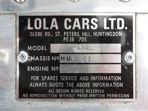 Lola Cars Ltd., Model 492, Chassis Number H.U.21, Engine Number (blank).